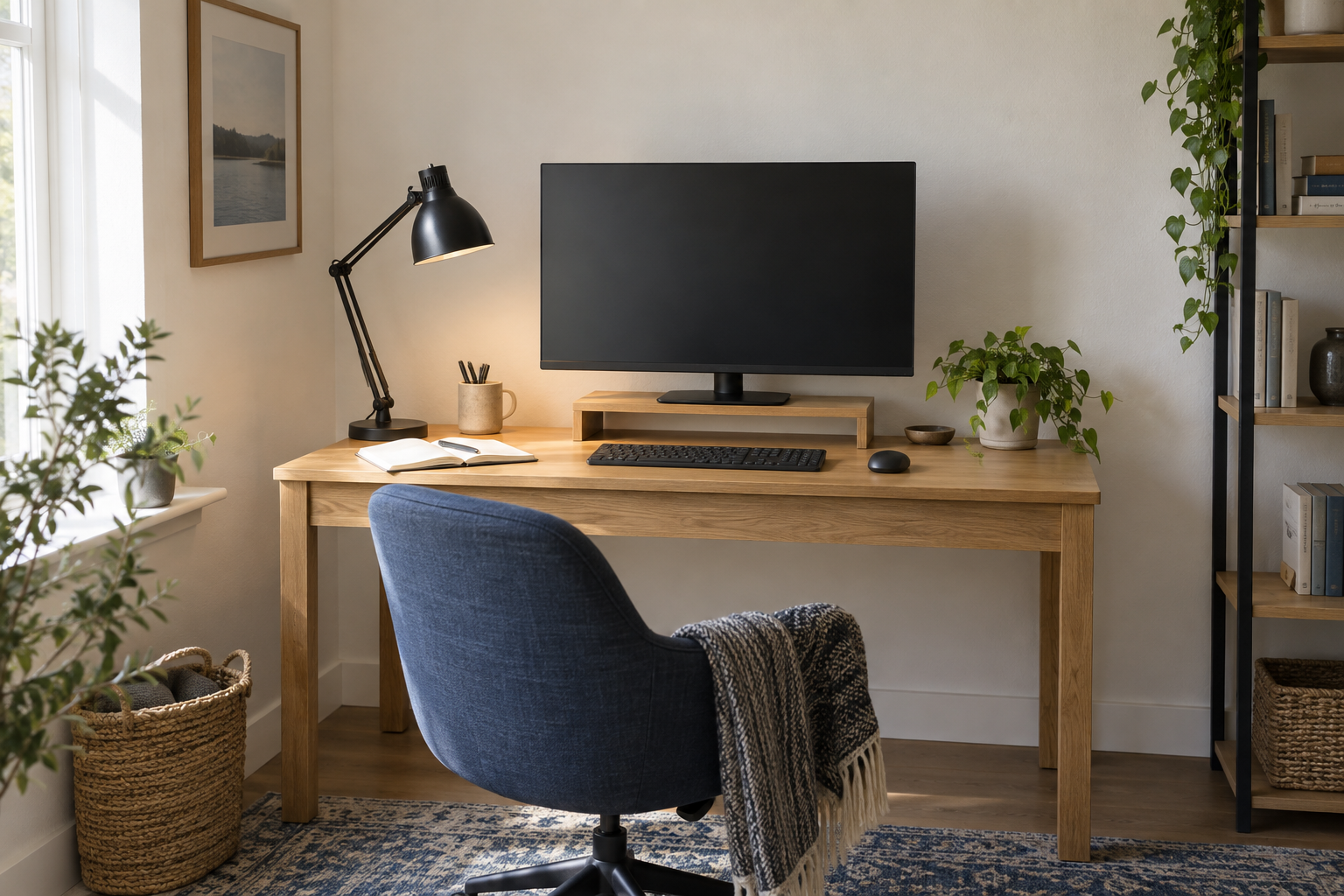 A compact desk arranged with a monitor, keyboard, notebook, and task light